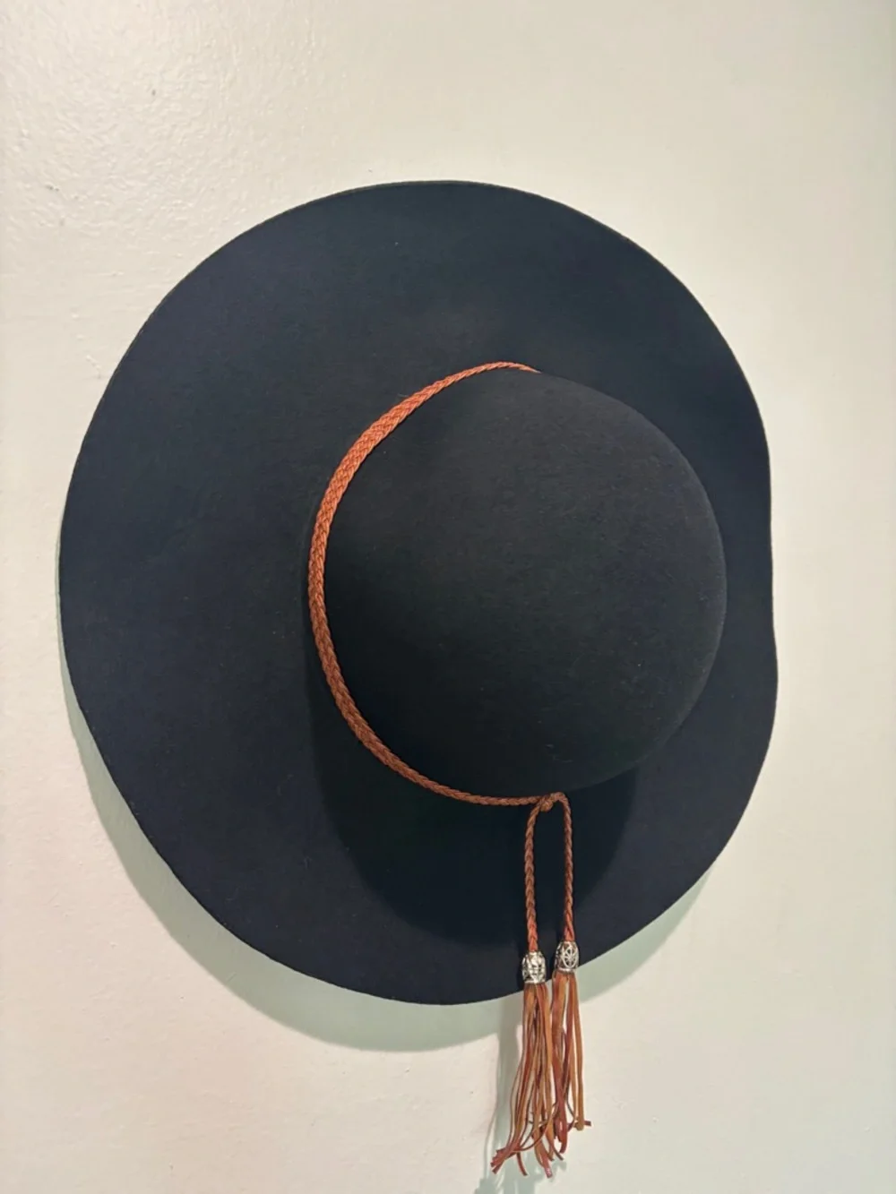 Black Wide-Brim 100% Wool Fedora Hat with Brown Braided Band